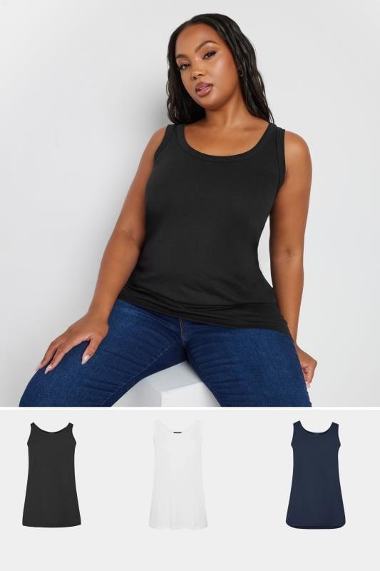 evans YOURS 3 PACK Curve Navy Blue & Black Core Vest Tops