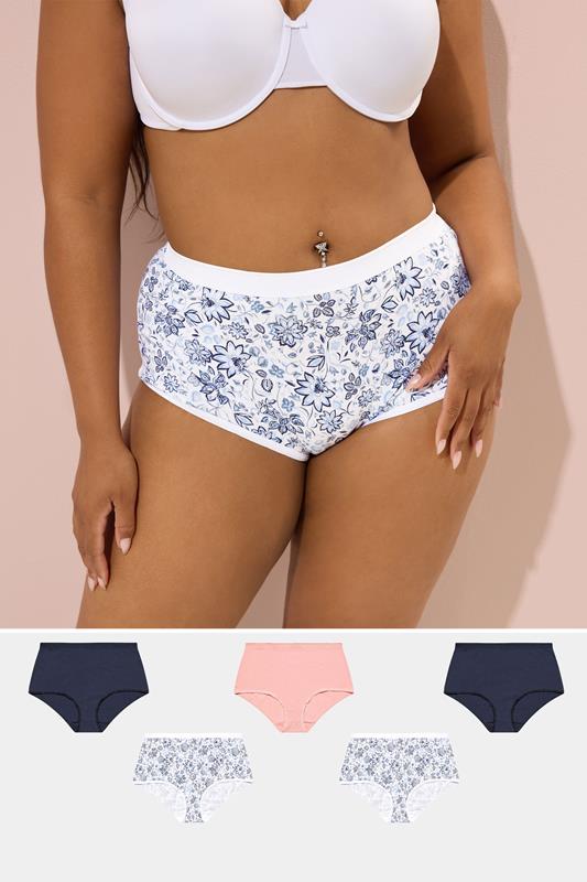 Evans YOURS 5 PACK Curve Navy Blue Floral Print Full Briefs