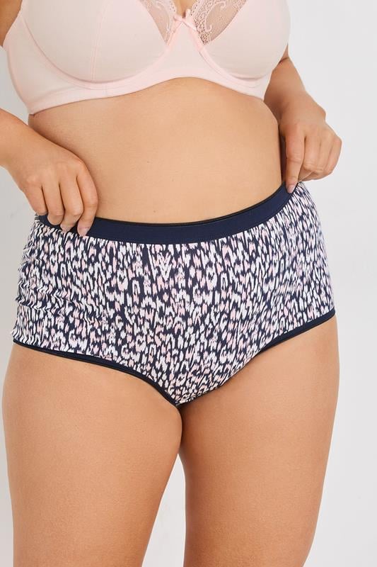 Evans YOURS 5 PACK Curve Navy Blue Leopard Print Full Briefs