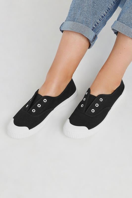 Evans Yours Black Canvas Slip On Trainers In Wide E Fit