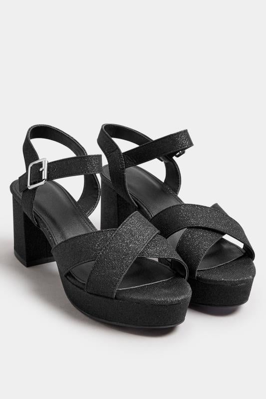 Evans Yours Black Cross Over Strap Glitter Heels In Wide E Fit & Extra Wide EEE Fit