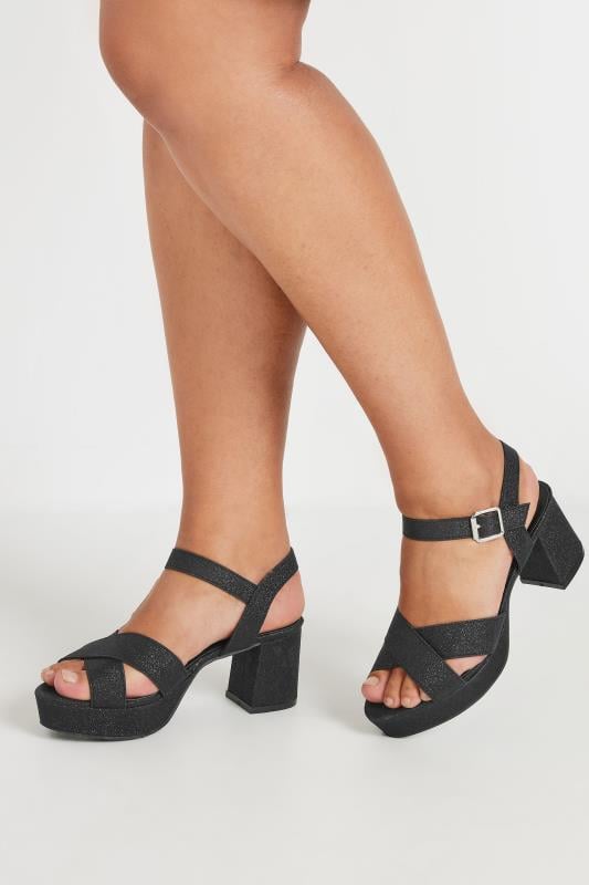 evans Yours Black Cross Over Strap Glitter Heels In Wide E Fit & Extra Wide EEE Fit