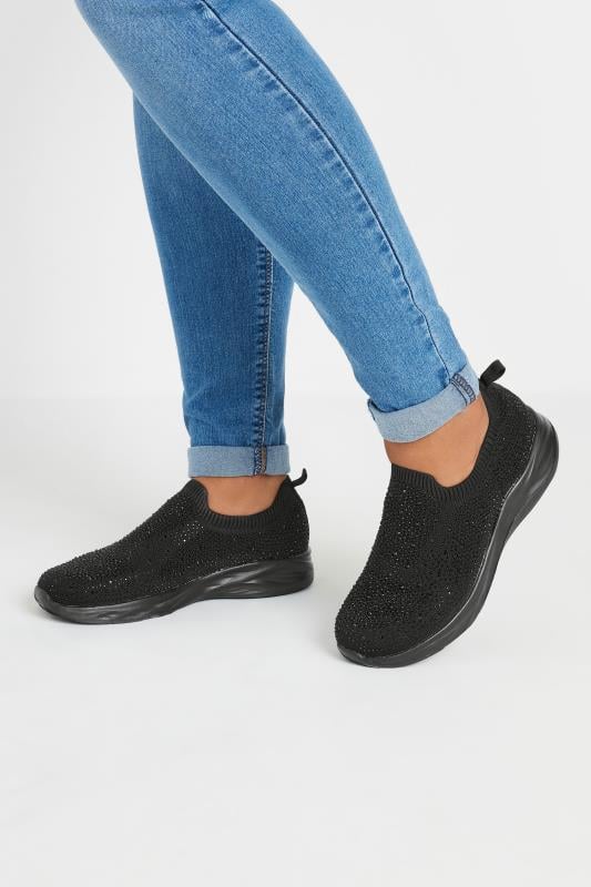Evans Yours Black Diamante Knitted Slip On Trainers In Extra Wide EEE Fit