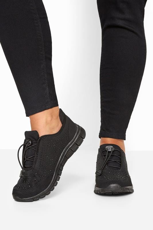 Evans Yours Black Embellished Drawcord Trainers In Wide E Fit & Extra Wide EEE Fit