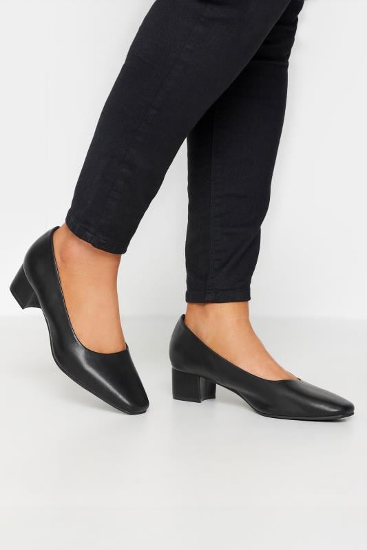 Evans Yours Black Faux Leather Block Heel Court Shoes In Extra Wide EEE Fit