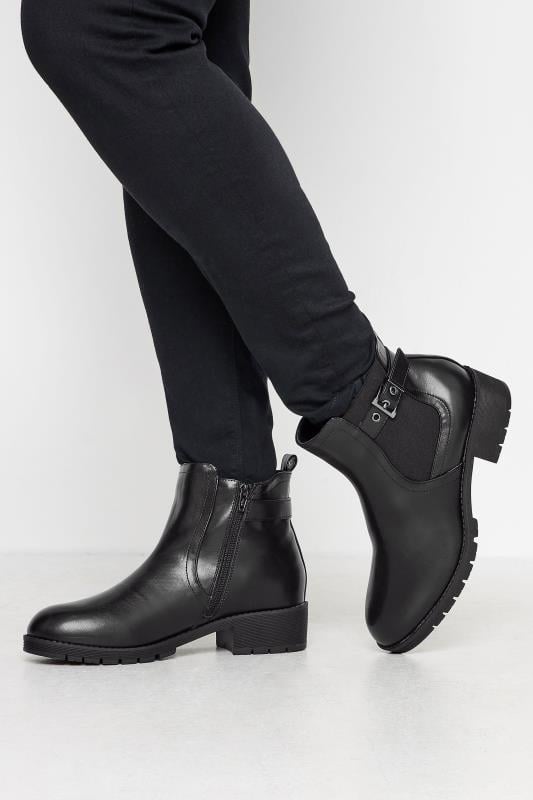 Evans Yours Black Faux Leather Buckle Ankle Boots In Wide E Fit & Extra Wide EEE Fit