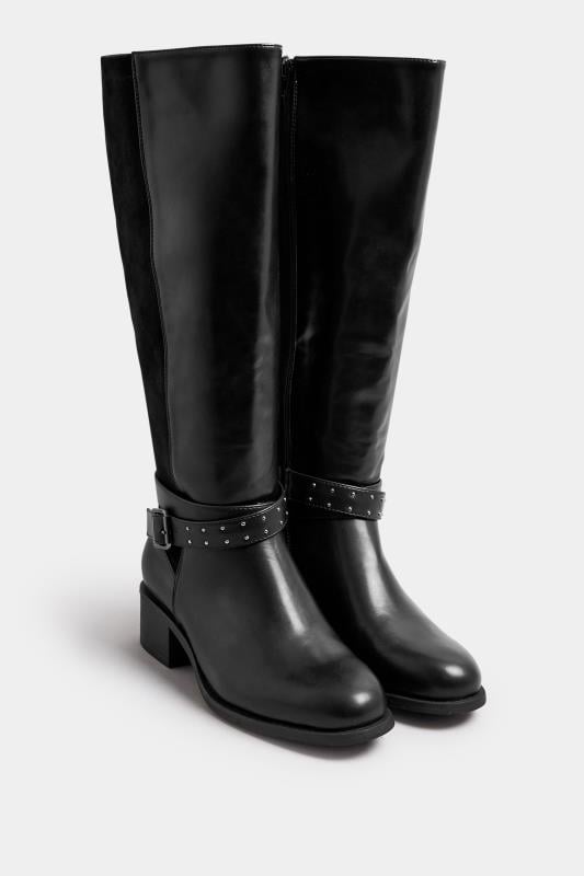 Evans Yours Black Faux Leather Buckle Detail Knee High Boots In Extra Wide EEE Fit