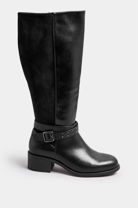 Evans Yours Black Faux Leather Buckle Detail Knee High Boots In Extra Wide EEE Fit