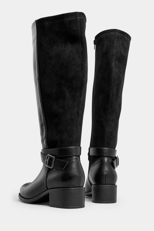 Evans Yours Black Faux Leather Buckle Detail Knee High Boots In Extra Wide EEE Fit
