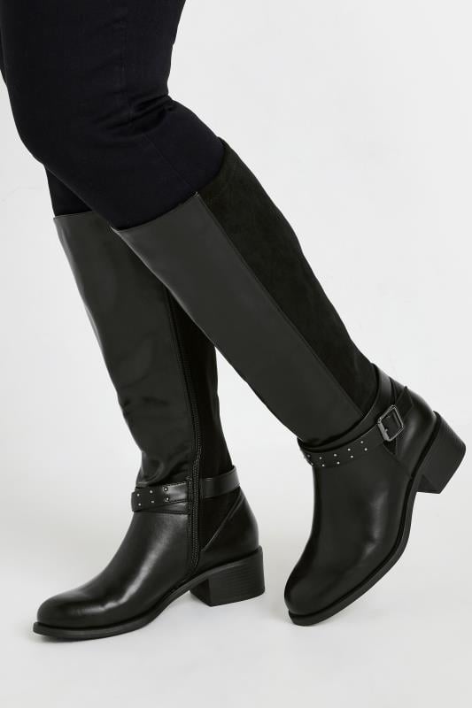 evans Yours Black Faux Leather Buckle Detail Knee High Boots In Extra Wide EEE Fit