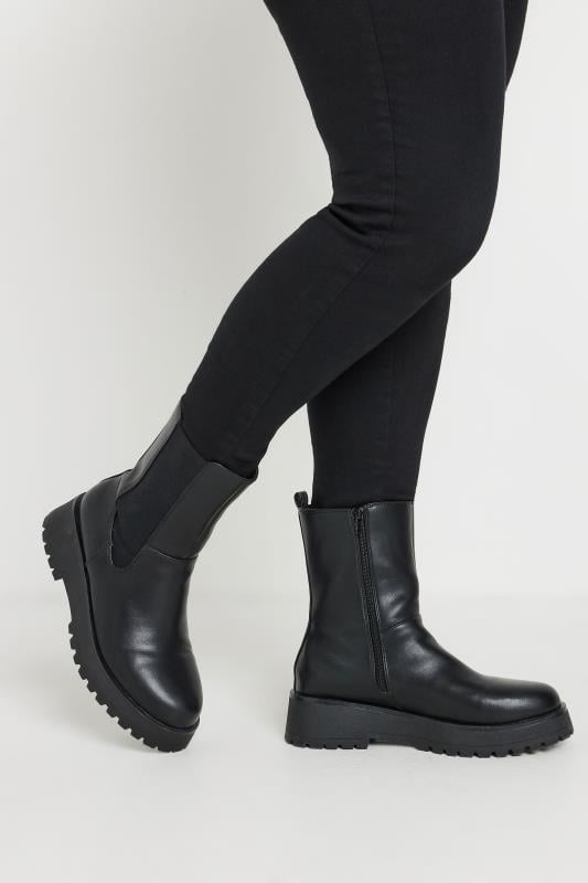 Evans Yours Black Faux Leather Chunky Wedge Chelsea Boots In Wide E Fit & Extra Wide EEE Fit