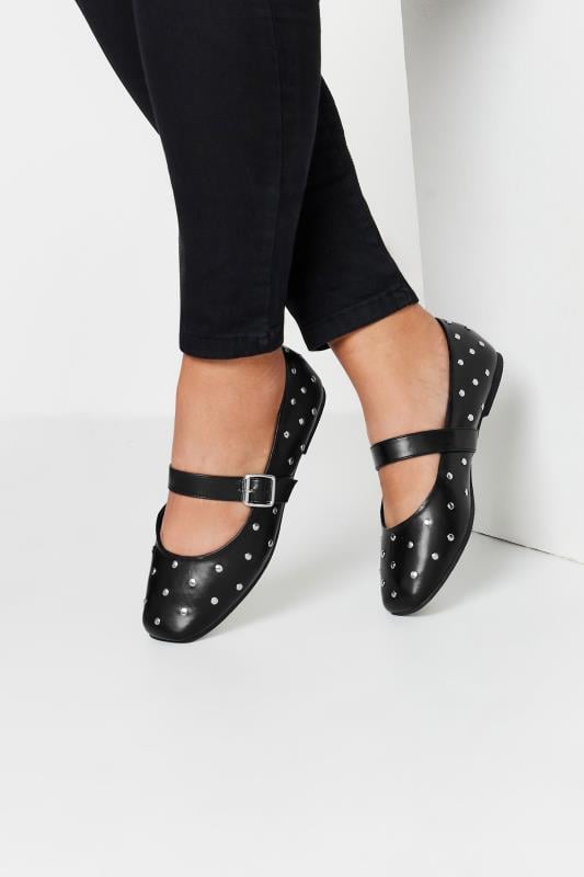 Evans Yours Black Faux Leather Studded Mary Jane Ballet Pumps In Extra Wide EEE Fit