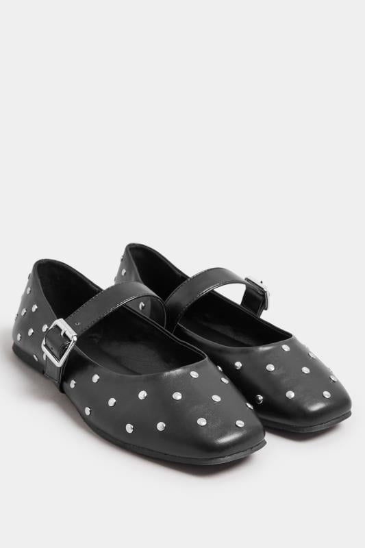 Evans Yours Black Faux Leather Studded Mary Jane Ballet Pumps In Extra Wide EEE Fit