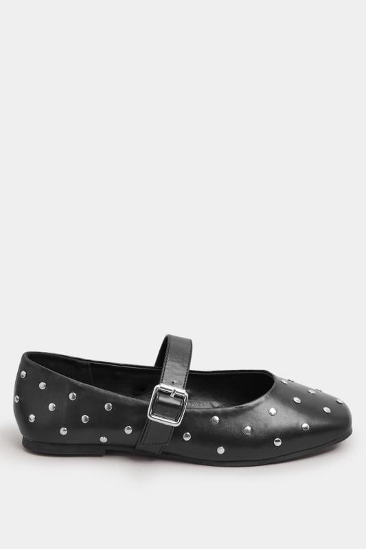 Evans Yours Black Faux Leather Studded Mary Jane Ballet Pumps In Extra Wide EEE Fit
