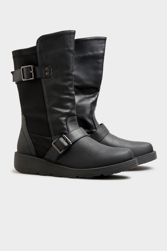 Evans Yours Black Faux Leather Wedge Buckle Boots In Wide E Fit & Extra Wide EEE Fit