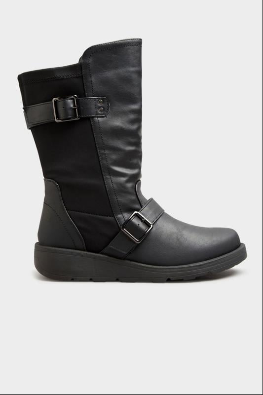 Evans Yours Black Faux Leather Wedge Buckle Boots In Wide E Fit & Extra Wide EEE Fit