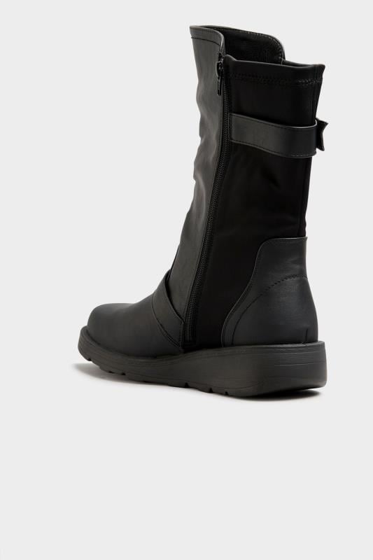 Evans Yours Black Faux Leather Wedge Buckle Boots In Wide E Fit & Extra Wide EEE Fit