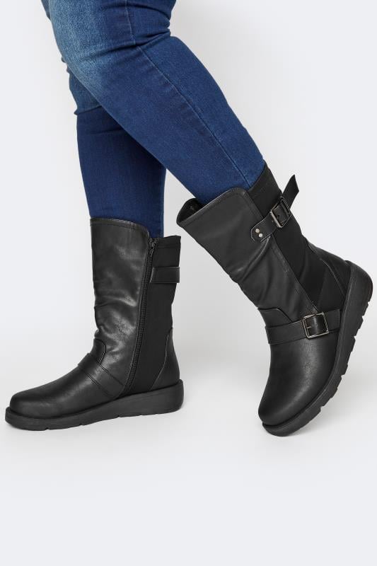 evans Yours Black Faux Leather Wedge Buckle Boots In Wide E Fit & Extra Wide EEE Fit