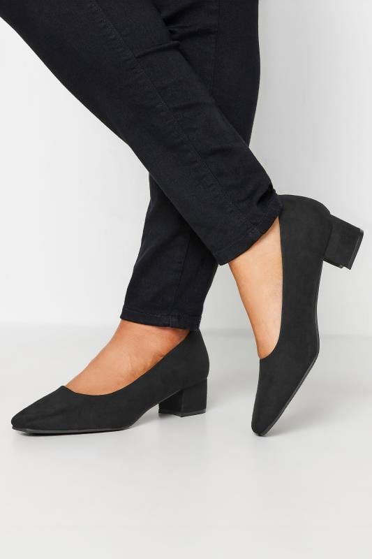 evans Yours Black Faux Suede Block Heel Court Shoe In Extra Wide EEE Fit