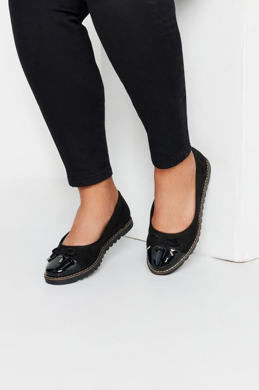 evans Yours Black Faux Suede Bow Detail Ballet Pump In Extra Wide EEE Fit