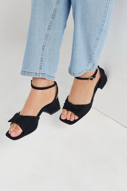 evans Yours Black Faux Suede Bow Front Block Heels In Wide E Fit & Extra Wide EEE Fit
