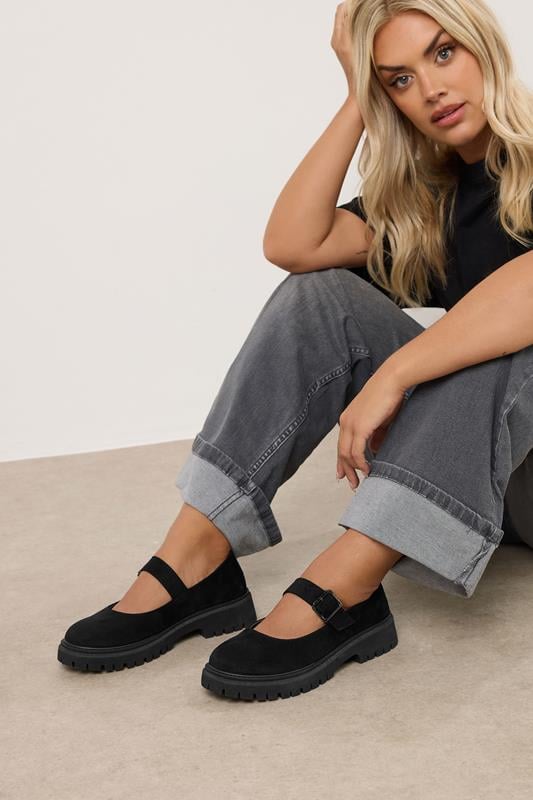 Evans Yours Black Faux Suede Chunky Mary Jane Shoes In Wide E Fit & Extra Wide EEE Fit