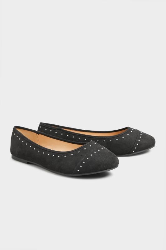 Evans Yours Black Faux Suede Diamante Ballerina Pumps In Wide E Fit & Extra Wide EEE Fit