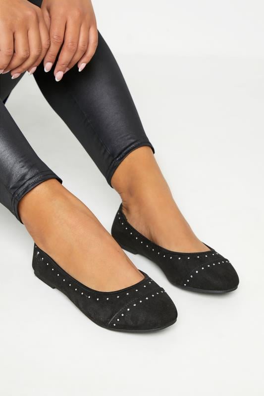 evans Yours Black Faux Suede Diamante Ballerina Pumps In Wide E Fit & Extra Wide EEE Fit