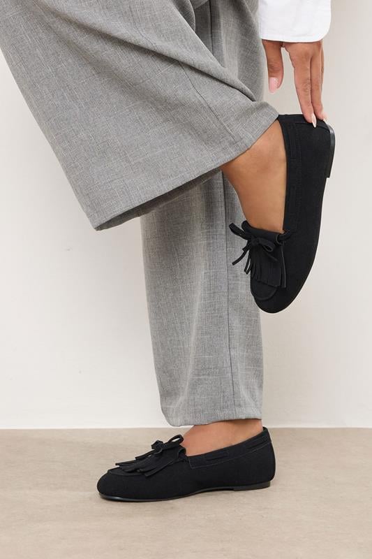 Evans Yours Black Faux Suede Fringe Loafers In Extra Wide EEE Fit