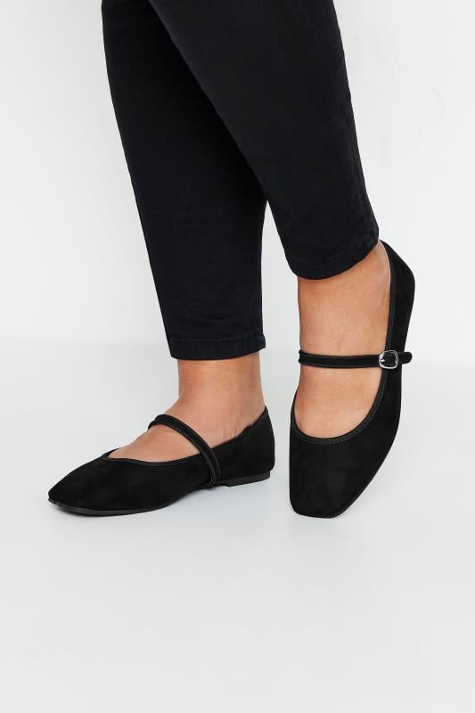 evans Yours Black Faux Suede Mary Jane Ballerina Pumps In Extra Wide EEE Fit