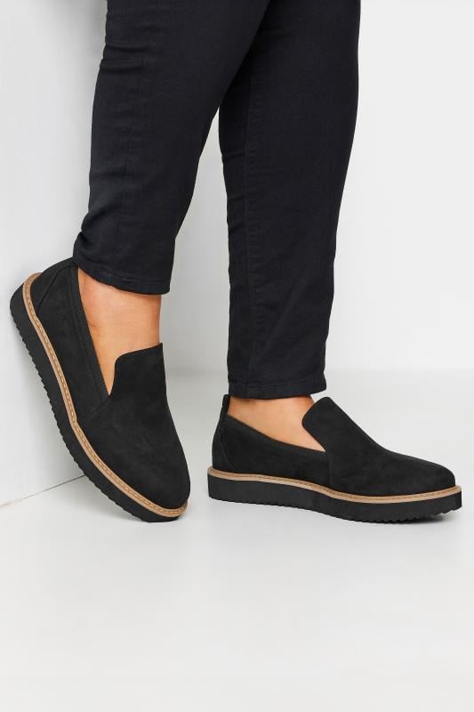 Evans Yours Black Faux Suede Slip On Loafers In Wide E Fit & Extra Wide EEE Fit