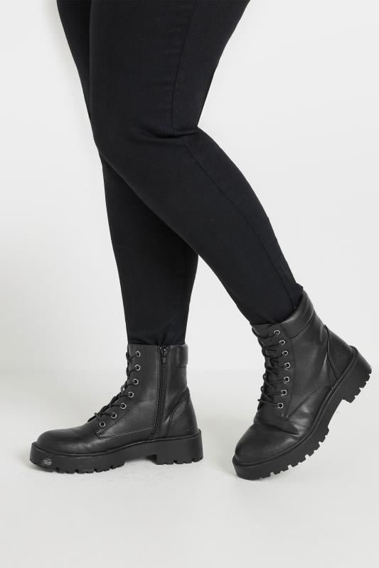 Evans Yours Black Lace Up Chunky Boots In Wide E Fit & Extra Wide EEE Fit