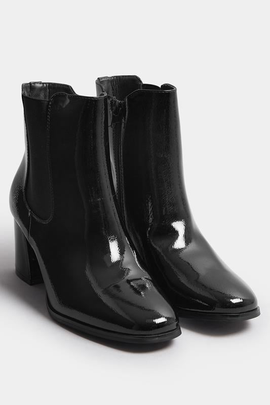 Evans Yours Black Patent Block Heel Chelsea Boots In Wide E Fit