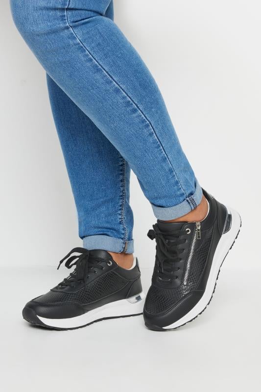 evans Yours Black & Silver Zip Detail Trainers In Wide E Fit