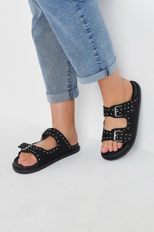 evans Yours Black Studded Buckle Strap Sandals In Extra Wide EEE Fit
