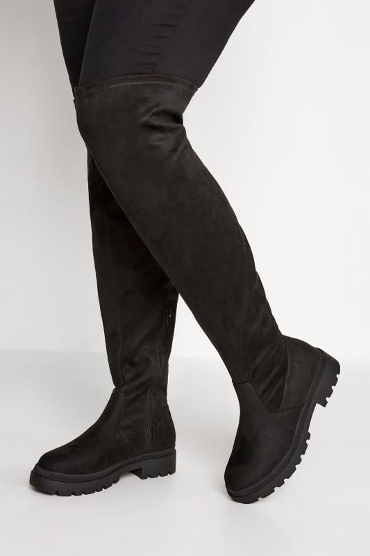 evans YOURS Black Suede Over The Knee Chunky Boots In Wide E Fit & Extra Wide EEE Fit
