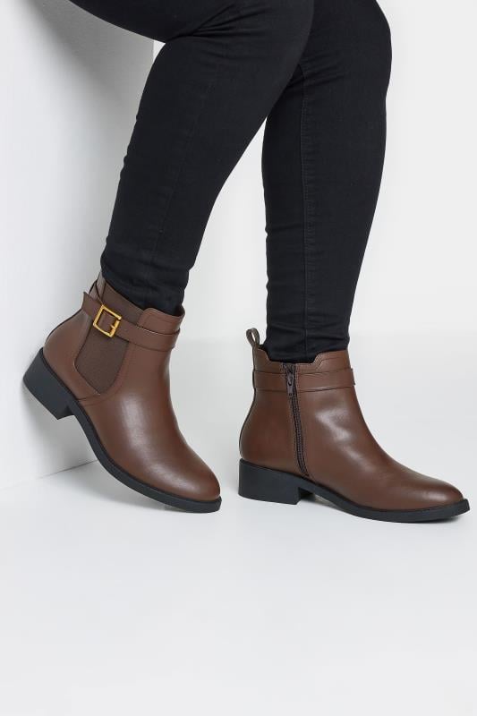 evans Yours Brown Buckle Faux Leather Ankle Boots In Wide E Fit & Extra Wide EEE Fit