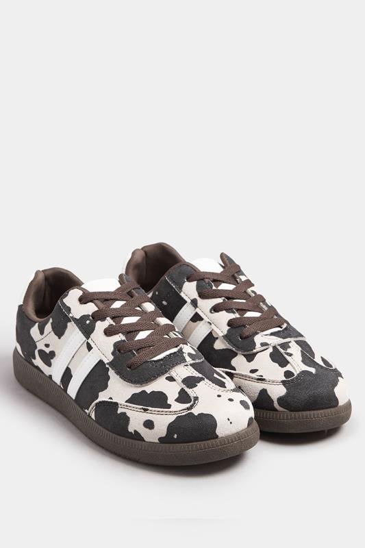 Evans Yours Brown Cow Print Retro Stripe Trainers In Extra Wide EEE Fit