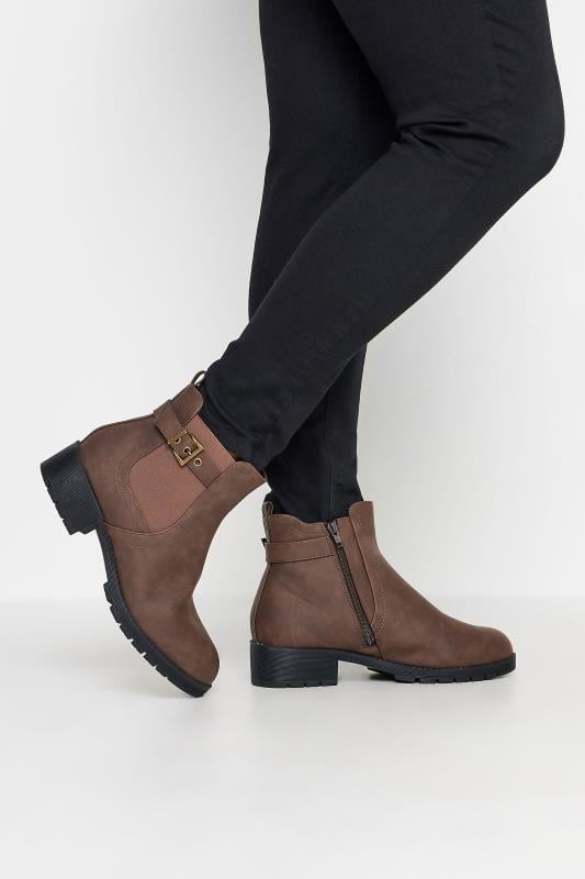 evans Yours Brown Faux Leather Buckle Ankle Boots In Wide E Fit & Extra Wide EEE Fit