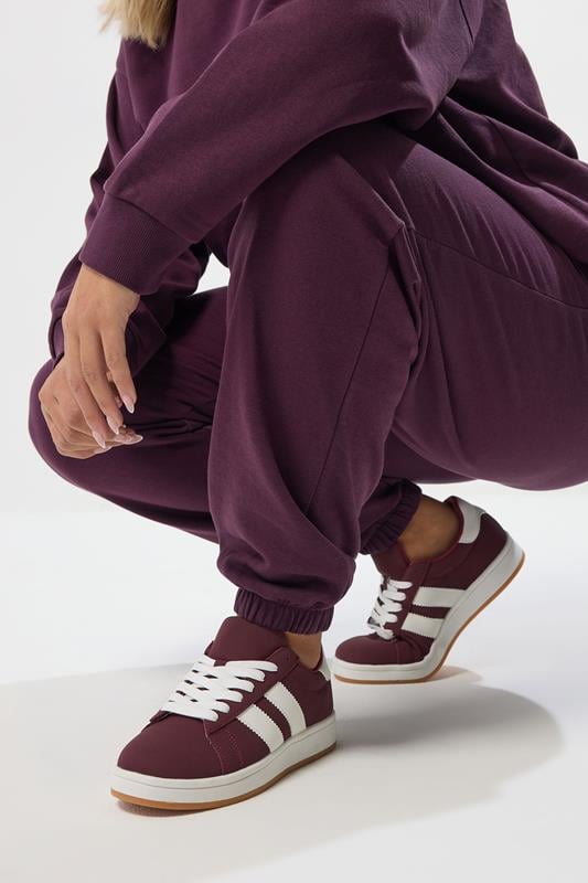 evans Yours Burgundy Red Padded Lace Up Trainers In Wide E Fit