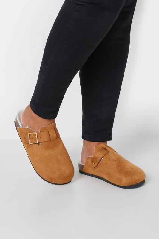 Evans Yours Chestnut Brown Faux Fur Lined Clogs In Extra Wide EEE Fit