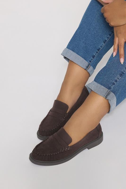 evans Yours Chocolate Brown Faux Suede Ruched Front Loafers In Extra Wide EEE Fit