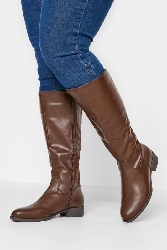 Evans Yours Chocolate Brown PU Stretch Heeled Knee High Boots In Wide E Fit & Extra Wide EEE Fit