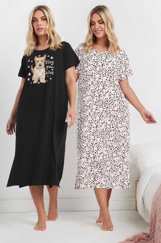 evans YOURS Curve 2 PACK Black 'Stay Paw-sitive' Leopard Print Midaxi Nightdresses