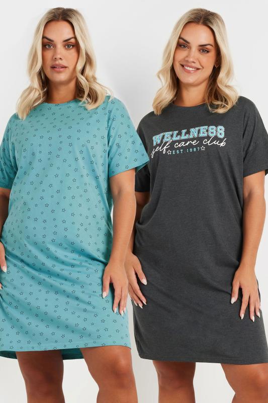 Evans YOURS Curve 2 PACK Blue 'Wellness' Star Print Nightdresses