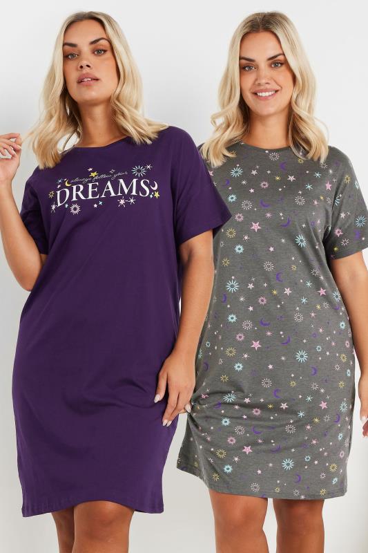 Evans YOURS Curve 2 PACK Purple & Grey 'Follow Your Dreams' Nightdresses