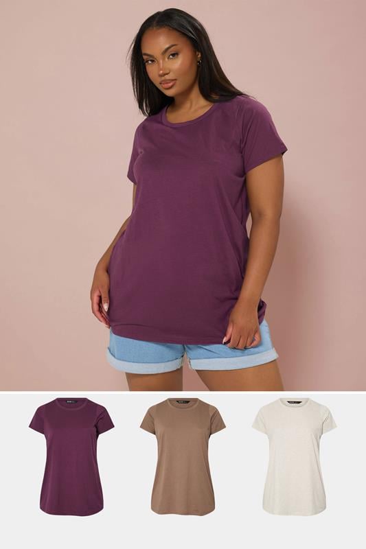 Evans YOURS Curve 3 PACK Natural Brown & Purple Core T-Shirts