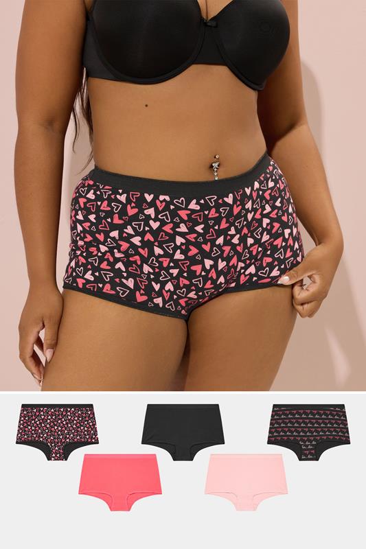 Evans YOURS Curve 5 PACK Black & Pink Heart Print Shorts