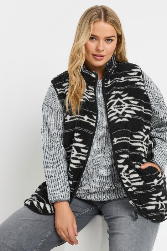 evans YOURS Curve Black Aztec Print Teddy Borg Gilet