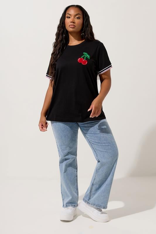 Evans YOURS Curve Black Cherry Varsity Trim T-Shirt